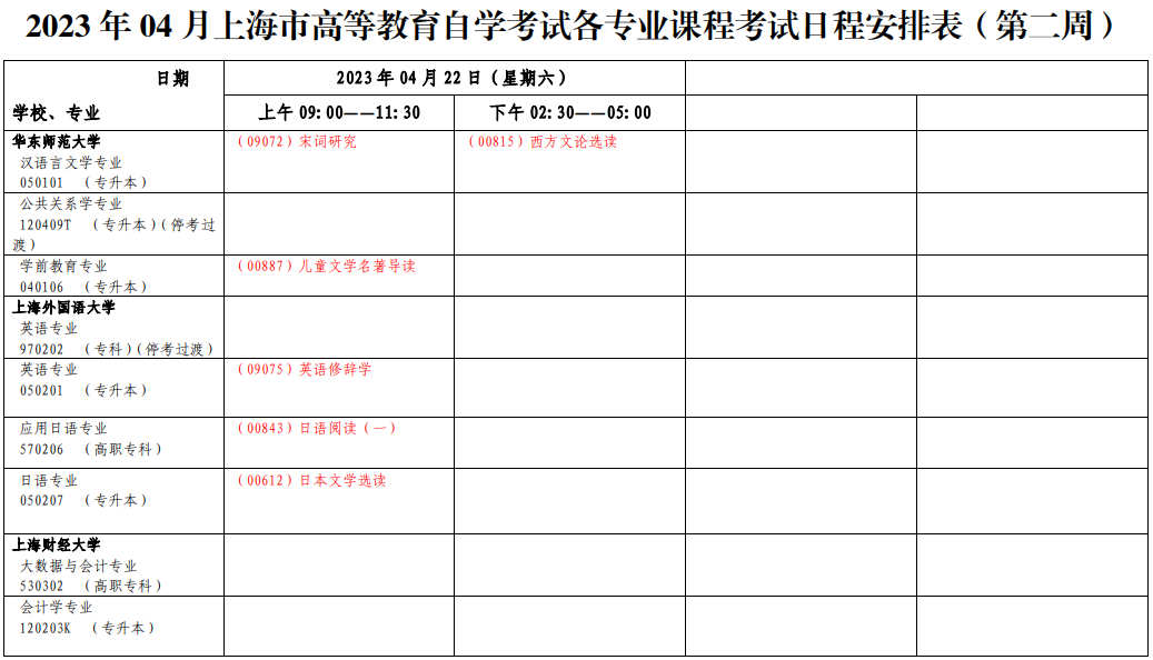 2023年4月上海市宝山区自学考试考试安排