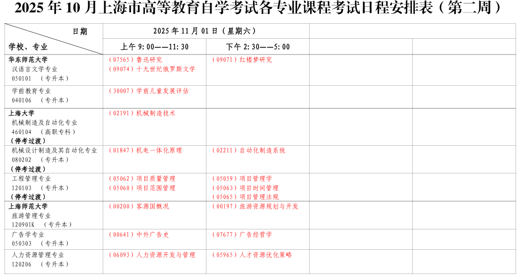 2025年10月上海市浦东新区自考考试安排