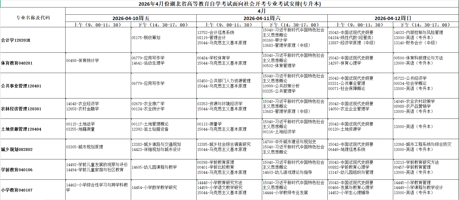 2026年4月湖北省随州市自考考试安排