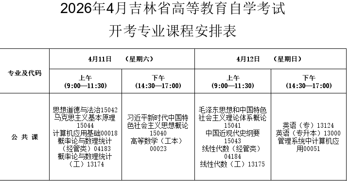 2026年4月吉林省白城市自考考试安排