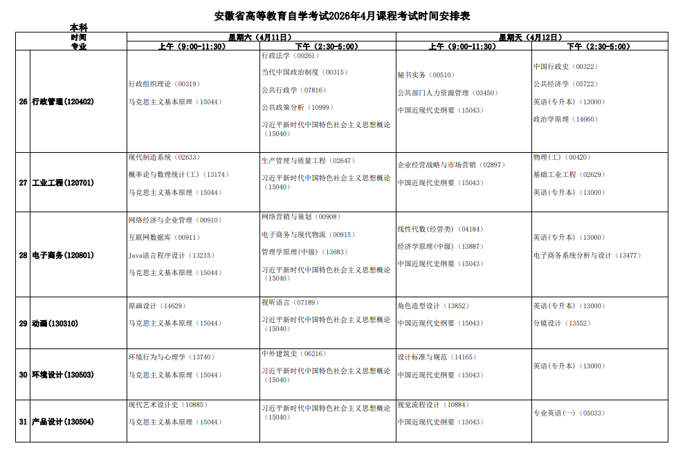 2026年4月安徽省安庆市自考考试安排