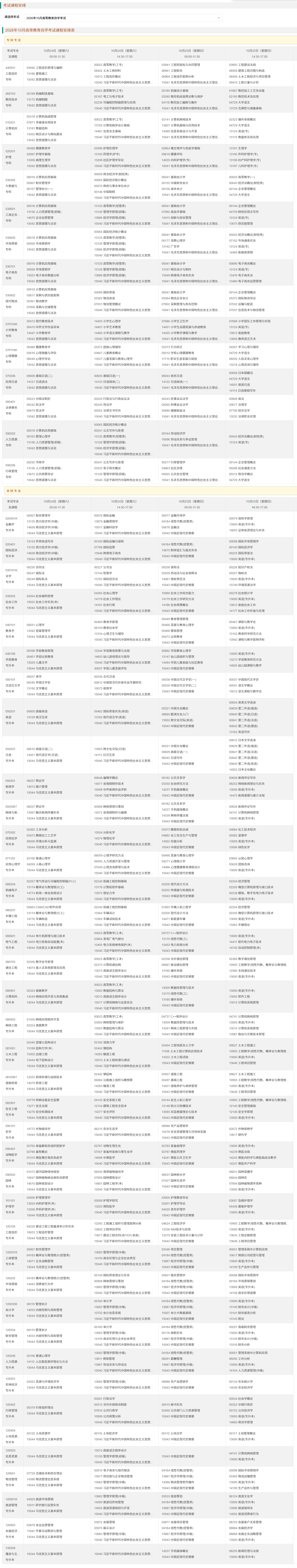 2026年10月重庆市自学考试开考课程考试安排